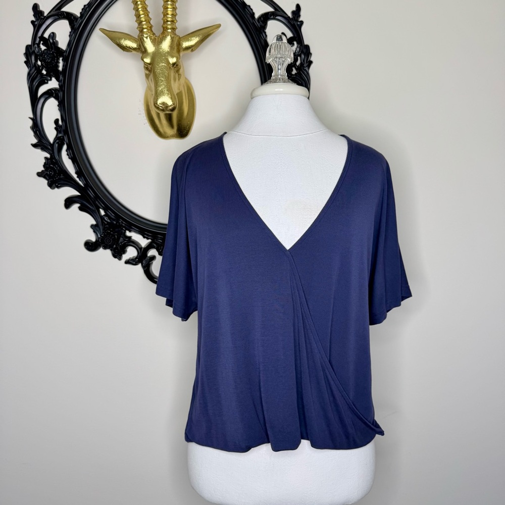 Black Swan Navy Blue V Neck Top with Flutter Sleeves